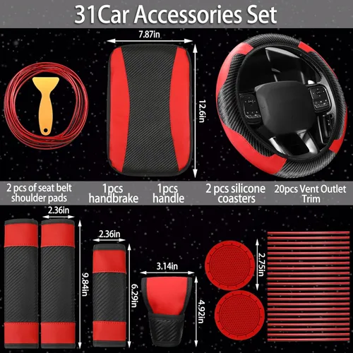 Miniatura 4 de Riakrum 30 piezas de set de accesorios para automóvil rojo y negro, cubierta de volante de cuero PU, accesorios para interior de auto, regalo, tiras