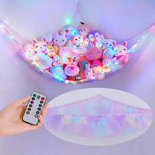 Miniatura 12 de Unicorn Castle Hamaca de red para animales de peluche, almacenamiento de juguetes con luz LED, organizador de juguetes de felpa para colgar