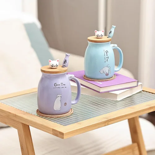 Miniatura 7 de Juego de 2 Tazas de Gato Lindas Juego de Tazas de Té de Gato Taza de Café de Cerámica con Tapa Kawaii y Cuchara Tazas Lindas para Mujeres Niñas