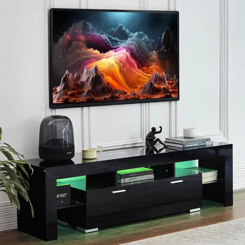 Miniatura 6 de Nrizc Soporte de TV LED negro para TV de 75 pulgadas, centro de entretenimiento de TV de alto brillo con cajón de almacenamiento, mesa consola de TV
