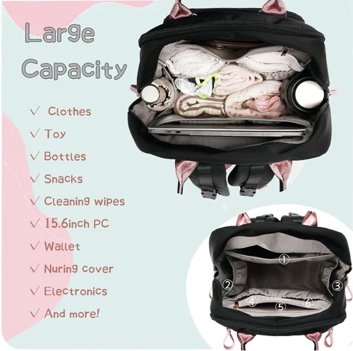 Miniatura 4 de LORADI Mochila grande de 18 bolsillos para pañales con bolsillos impermeables y hebilla para cochecito, bolso convertible para bebé (Negro, Grande)