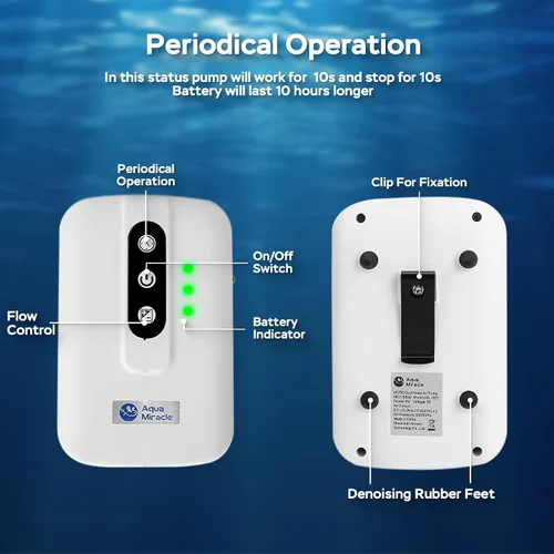 Miniatura 3 de AquaMiracle Bomba de aire portátil de acuario alimentada por batería de litio para pecera, aireador recargable por USB para pesca al aire libre