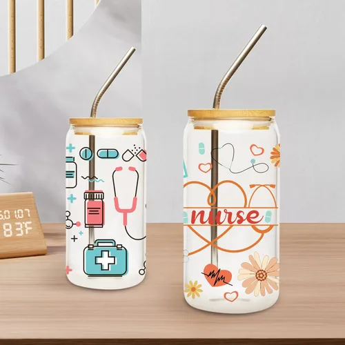 Miniatura 2 de Envolturas de vasos UV DTF para 16 oz – 8 hojas de tema de enfermera UV DTF para vidrio, afirmación diaria de enfermera, corazón, jeringa, kit