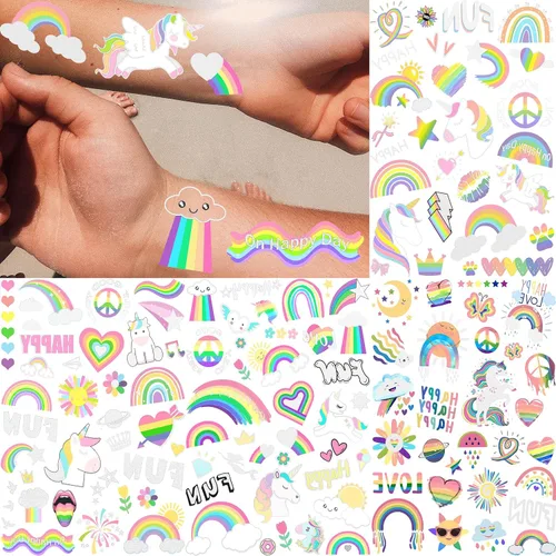 Miniatura 3 de Groovy - Lindos tatuajes temporales para niños y niñas con patrón de arco iris de unicornio, más de 123 piezas de calcomanías falsas metálicas