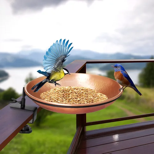 Miniatura 4 de Monarch Abode Baño para pájaros y comedero para pájaros montado en la cubierta para exteriores, cuenco de baño de cobre puro martillado a mano