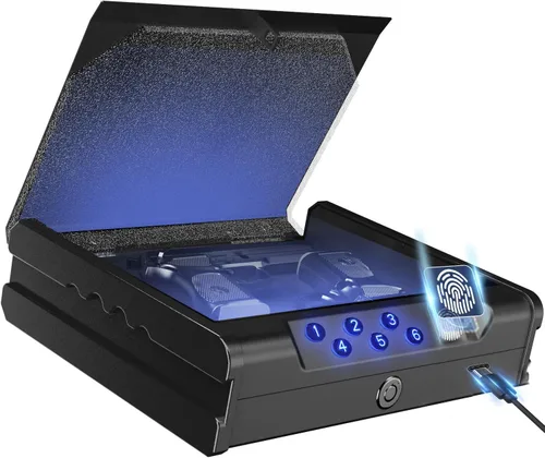 VORanexs - Caja fuerte para armas. Caja fuerte para 2 pistolas con 3 huellas dactilares de acceso rápido, código de acceso, llave. Con aviso de voz