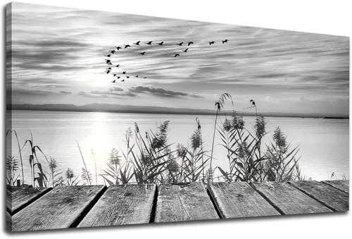 yearainn Arte de Lienzo de Pared en Blanco y Negro Lago al Atardecer con Pájaros Voladores Cuadros para Decoración de Pared Paisaje Natural Pintura