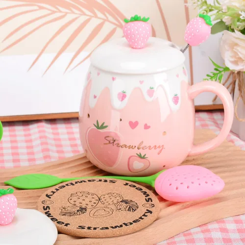 Miniatura 4 de Taza rosa, lindas tazas de fresa con cuchara coladora de tapa, regalos para mujeres, tazas de café de cerámica, taza de té Kawaii de 15 onzas