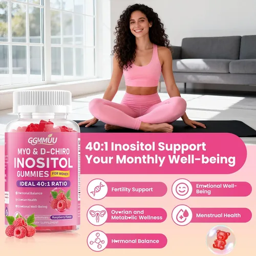 Miniatura 3 de Paquete de 2 gomitas de mio-inositol y D-Chiro inositol para mujeres de 2000 mg + 50 mg de proporción ideal 40:1 con vitamina D3, glicinato
