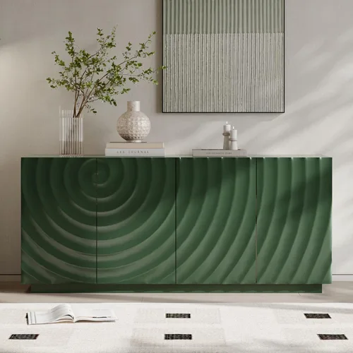 Miniatura 12 de Aparador geométrico contemporáneo de 60 pulgadas con puertas triangulares 3D y base flotante, gabinete de almacenamiento de credenza de nogal claro