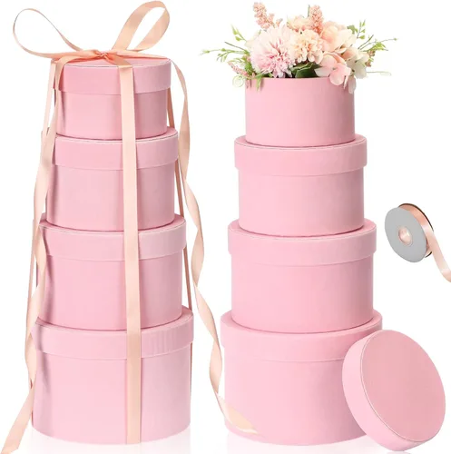 Tenceur 8 cajas de regalo redondas con tapas, cintas para arreglos, 4 tamaños surtidos, cajas de regalo de terciopelo para flores, regalos, bodas,