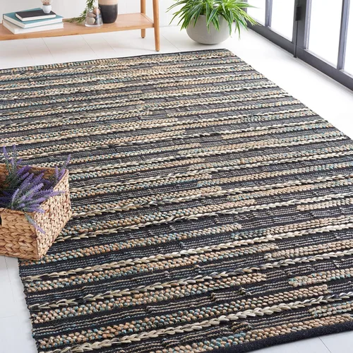 SAFAVIEH Natural Fiber Collection - Alfombra decorativa de 3 x 5 pies, color negro y natural, diseño de yute a rayas de tejido plano, ideal para