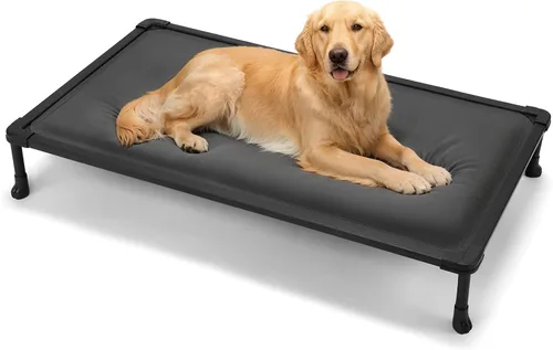 Miniatura 7 de Veehoo Cama elevada para perros a prueba de masticaciones, catre elevado duradero para mascotas con tapete impermeable relleno de algodón de Gris