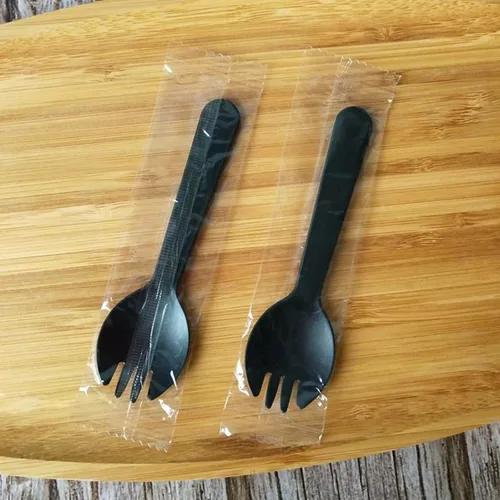 100 tenedores desechables de plástico duradero y ecológicos, tenedores y cucharas 2 en 1, ideales para almuerzo, picnic o restaurante y suministros