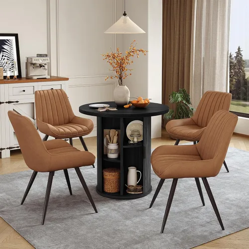 Miniatura 53 de Miereirl Juego de mesa y sillas de comedor moderno redondo, con una mesa de comedor de madera equipada con compartimentos de almacenamiento