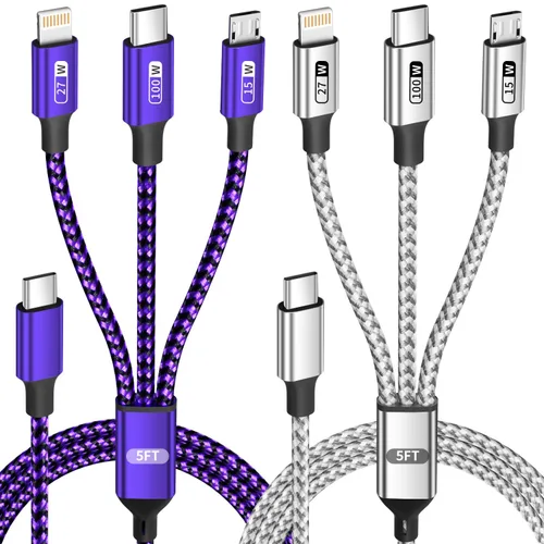 Miniatura 40 de Cable de carga múltiple (paquete de 2 cables de 4 pies) 3 en 1 para múltiples dispositivos, cable de carga universal trenzado de nailon para Negro