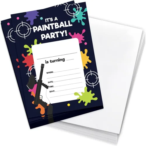 Desert Cactus Paintball - Invitaciones de feliz cumpleaños estilo 2 tarjetas de invitación (10 unidades) con sobres para niños y niñas (10 unidades)
