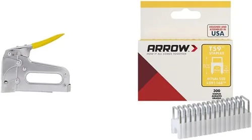 Arrow T59 Tacker y Arrow 591168 - Grapas aisladas de acero T59 genuino de 1/4 pulgadas por 5/16 pulgadas para cable y cableado, transparente, 300
