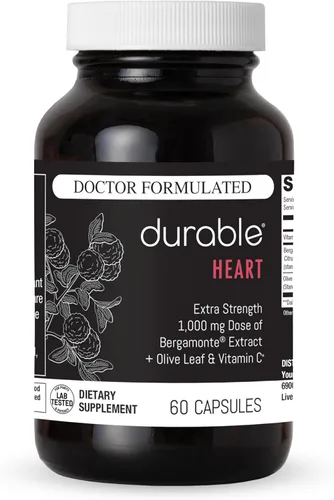 Durable Heart Bergamonte - Bergamota cítrica de 1000 mg + hoja de olivo y vitamina C fórmula cardiovascular saludable para velocidad y presión,
