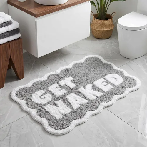 Scalloped Grey Bath Rug, Get Naked Cute Bathroom Rug, Soft Absorbent Quick Dry Bath Mat, TPR Non Slip Backing, Microfiber Mat for Shower Tub Sink