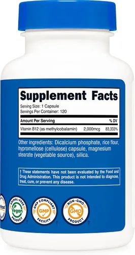 Miniatura 4 de Nutricost Vitamina B12 (Metilcobalamina) 2000mcg, 120 Cápsulas - Cápsulas Vegetarianas, Sin OGM, Suplemento de B12 Sin Gluten