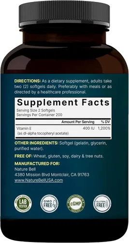 Miniatura 7 de NatureBell Cápsulas blandas de aceite de vitamina E, 400iu por porción, 400 píldoras Suplementos antioxidantes esenciales, forma de fácil