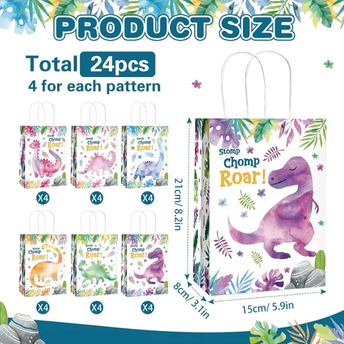 Miniatura 2 de Outus 24 bolsas de regalo de fiesta de dinosaurios, bolsas de regalo de fiesta de dinosaurio con asa para niñas y niños, temática de dinosaurios