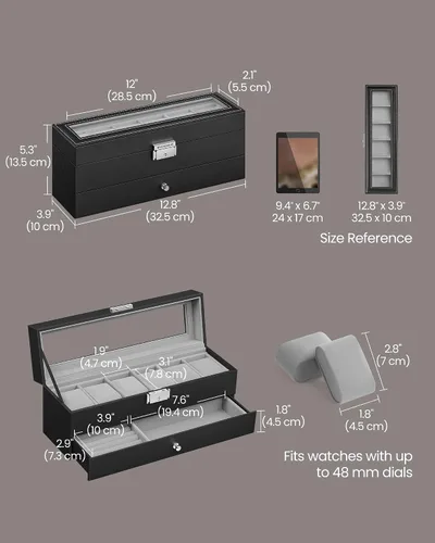 Miniatura 62 de SONGMICS UJWB012 - Caja de reloj de 12 ranuras, caja de reloj con cerradura con tapa de vidrio, 2 capas, con 1 cajón para anillos, pulseras, idea