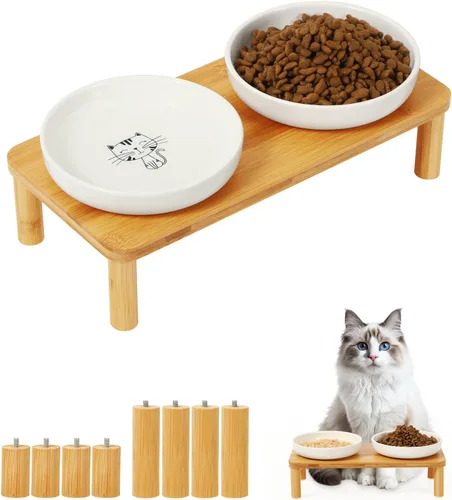 DoogCat Cuencos elevados para gatos de interior – Mesa elevada de bambú para gatos con 2 platos de cerámica, altura ajustable (4.25 pulgadas/3.07