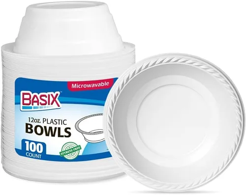 Miniatura 12 de Basix [100 unidades] Cuencos desechables de plástico blanco de 5 onzas para postre, aptos para microondas, ideales para la escuela, comida