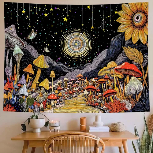 Miniatura 11 de Yeoiat Tapiz de flores cósmicas, tapiz de hongo, paisaje en pared, noche estrellada, arte botánico visionario, decoración para recámara
