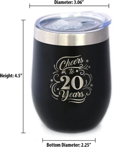 Miniatura 4 de Cheers to 20 Years - Vaso de vino con tapa deslizante - Taza aislada de acero inoxidable - Regalo para el 20 aniversario - Negro