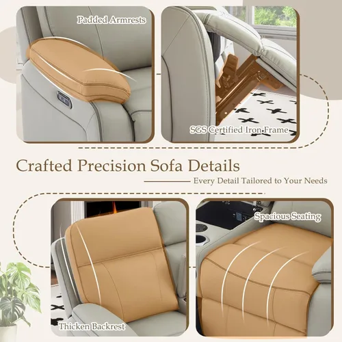 Miniatura 6 de Sofá Reclinable Eléctrico con Mesa Plegable, Sofá Reclinable Eléctrico de Cuero Transpirable, Sofá Reclinable Loveseat Eléctrico con Gris