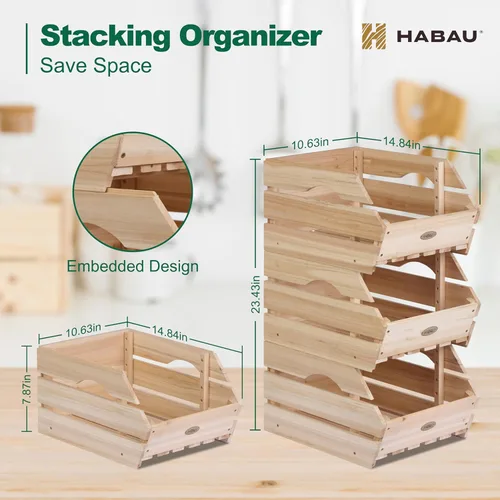 Miniatura 3 de Contenedores de almacenamiento de cebolla de patata de madera, cesta apilable de madera, almacenamiento de frutas y verduras para organización