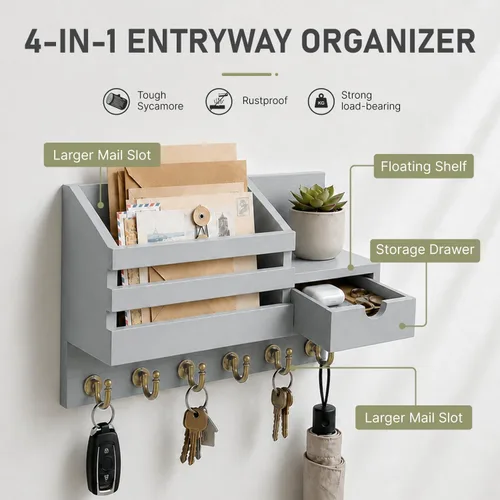 Miniatura 5 de FifthQuarter Organizador de llaves y correo para pared, organizador de correo con montaje en pared con 6 ganchos y cajón de almacenamiento, estante