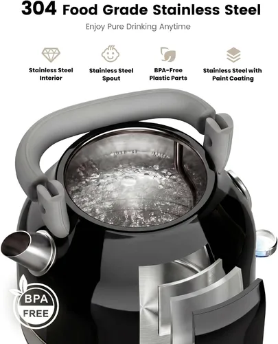 Miniatura 4 de Amaste Hervidor Eléctrico, Hervidor Eléctrico Retro de Té con Termómetro, Hervidor de Agua Caliente de 57 Oz para Café y Té, Acero Inoxidable 304