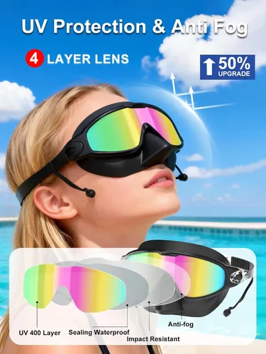 Miniatura 4 de Gafas de natación para adultos con cubierta de nariz para hombres y mujeres, paquete de 2 gafas de natación de visión amplia, antivaho, UV, sin