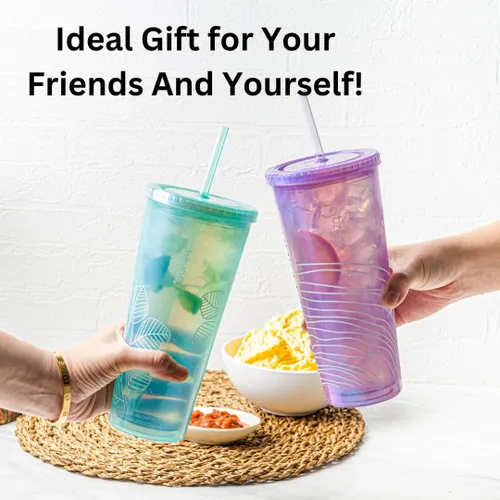 Miniatura 6 de bzyoo SIP - Vaso de plástico de doble pared de 24 onzas (710ml) con tapa y pajita, taza de viaje para bebidas frías reutilizable, café helado, taza