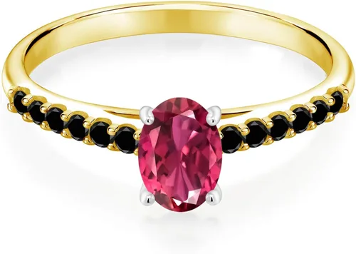 Miniatura 2 de Gem Stone King 058 Ct Pink Tourmaline AAA Black Diamond Anillo de oro amarillo de 10 K con puntas de oro blanco