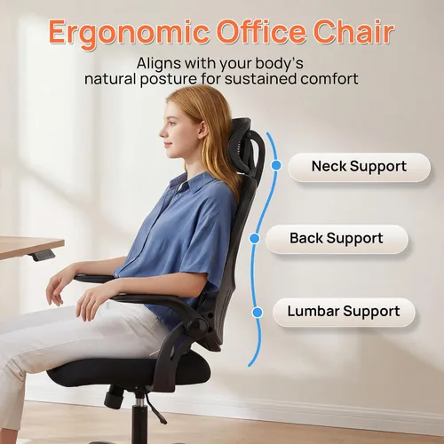 Miniatura 4 de Silla de escritorio de oficina, silla de trabajo ergonómica de malla con respaldo alto, silla de trabajo para oficina en casa, silla de escritorio