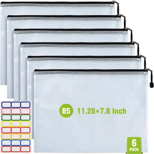 Miniatura 9 de Bolsa de malla con cremallera, 6 bolsas de malla de plástico impermeable con cremallera, bolsa de documentos de tamaño B4, bolsas extra grandes