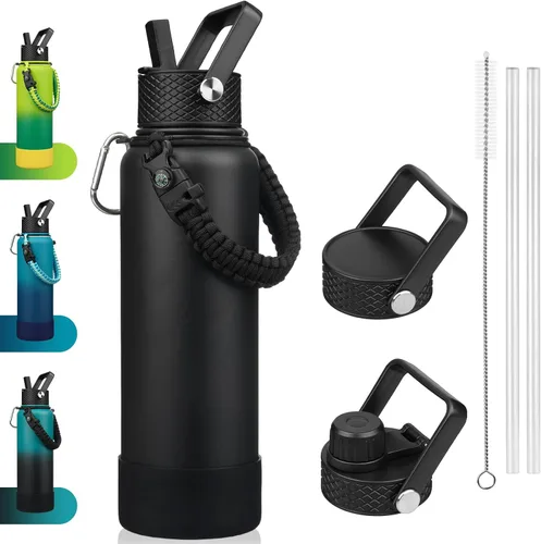 Miniatura 8 de BJPKPK - Botella de agua con tapa de popote, botellas de agua aisladas de 18 onzas con 3 tapas, asa de cuerda de paracaídas y base antideslizante