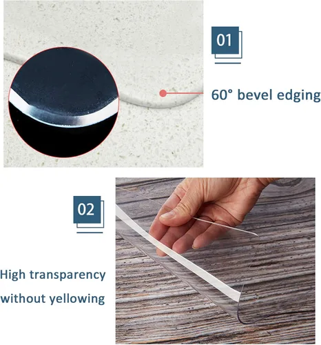 Miniatura 5 de Protector de mesa transparente de plástico PVC sin olor, 0.059 in de grosor, borde biselado de 60°, impermeable, para encimeras (47 x 98 pulgadas)