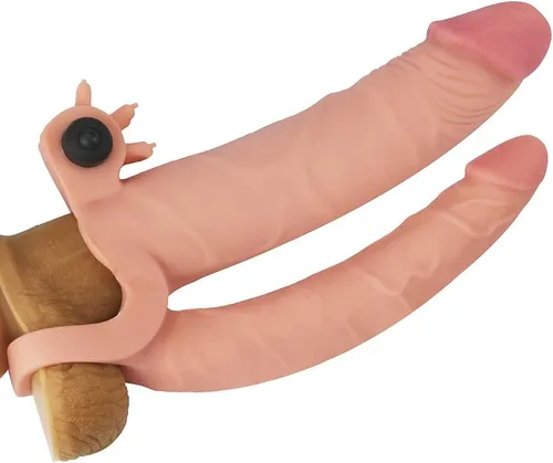 Miniatura 4 de Honeypleasures - Extensor de manga de doble pene de 1 pulgada extra y bucle de bola con estimulador vibratorio de clítoris, doble penetración DP