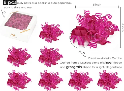 Miniatura 3 de HUIHUANG Lazos de color rosa intenso para envolver regalos, lazo de regalo rizado de 5 pulgadas x 8 unidades, lazos de cinta autoadhesivos para Rosa