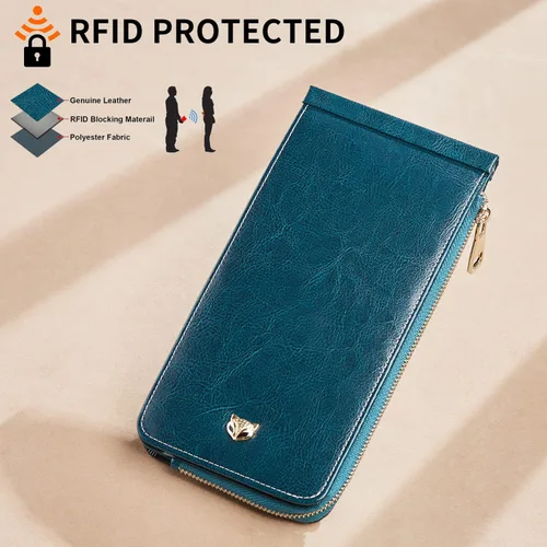 Miniatura 6 de FOXLOVER Portatarjetas de crédito múltiples para mujer, con bloqueo RFID, cartera de cuero para mujer con bolsillo con cremallera, Azul