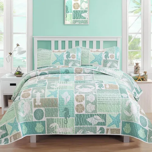 Miniatura 7 de DJY Beach Quilt Set Queen Size,3 Piece Coastal Ocean Summer Bedspread Coverlet Set with 2 Pillow Cases Lightweight Soft Microfiber Nautical Bedding