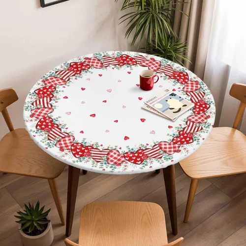 Miniatura 38 de Mantel ajustado redondo de Navidad con Poinsettia, mantel de lino retro de Navidad impermeable para mesa circular, mantel circular elástico de Rojo