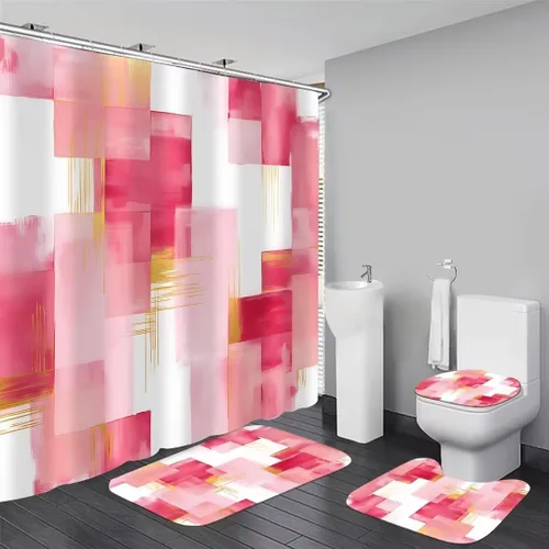 Yddsky 4 Pcs Pink and Gold Geometric Shower Curtain Sets Non-Slip Bath Rugs, Bathroom Accessories,Bathroom Sets with Shower Curtain and Rugs, Pink