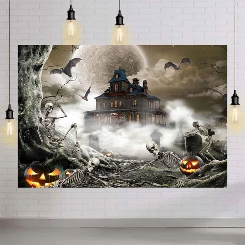 Miniatura 4 de AIBIIN Telón de fondo de fotografía gris de Halloween de 8 x 6 pies, luna llena, noche de miedo, fantasma, castillo, fondo para fotos, calabaza